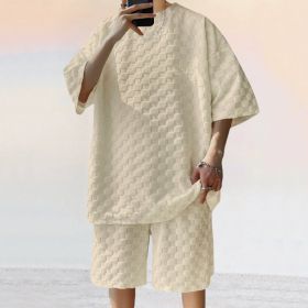 Jacquard Plaid Loose Straight Casual Shorts Suit (Option: Khaki-M)