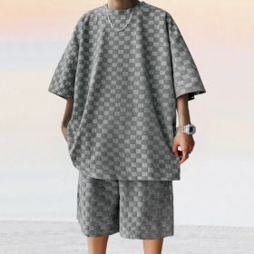 Jacquard Plaid Loose Straight Casual Shorts Suit (Option: Dark Gray-M)