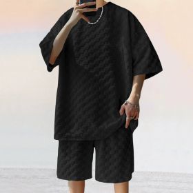 Jacquard Plaid Loose Straight Casual Shorts Suit (Option: Black-XXL)