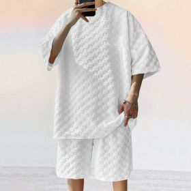 Jacquard Plaid Loose Straight Casual Shorts Suit (Option: White-XL)